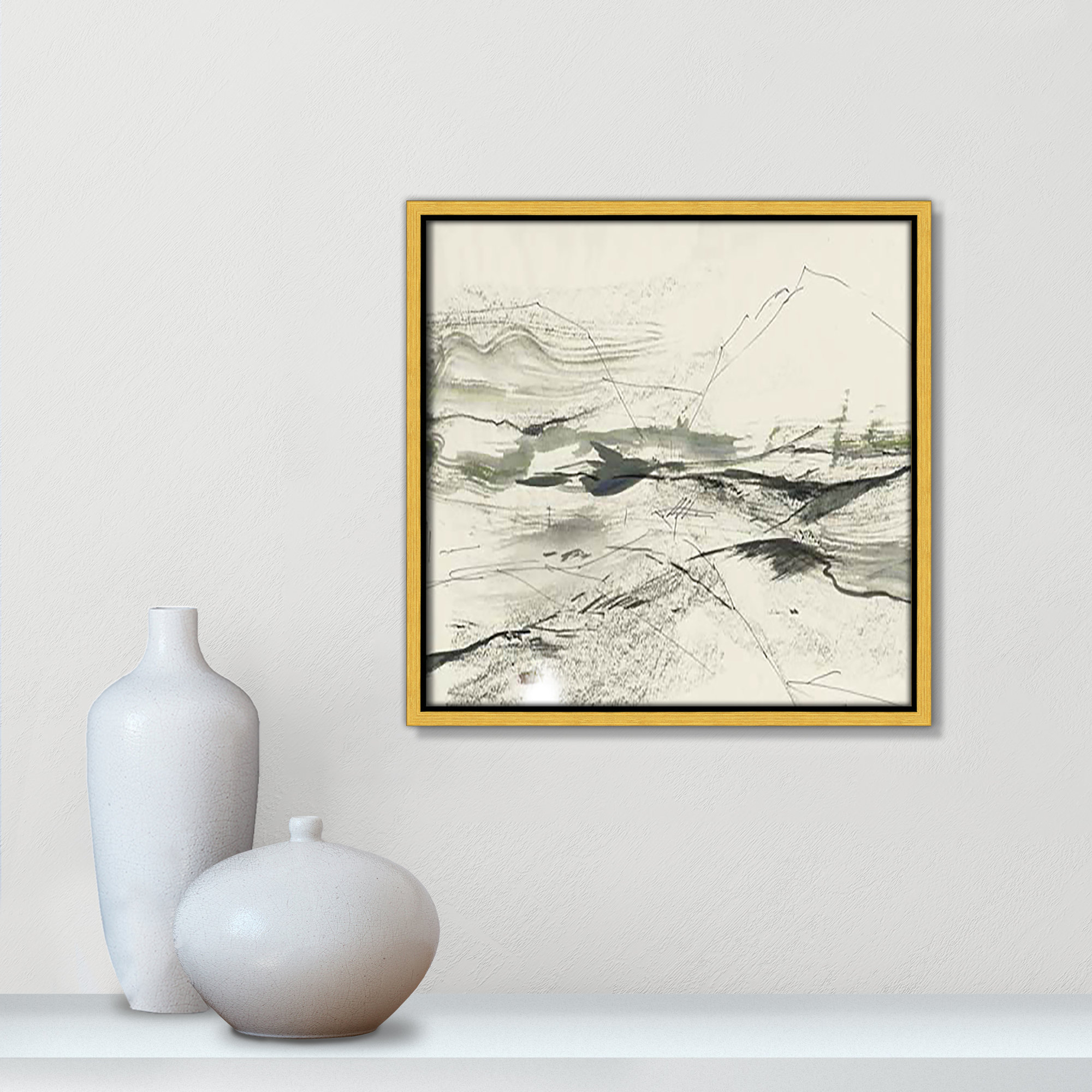 Green Sketches, 13.5" H x 13.5" W x 2" D, Gold Floater Framed