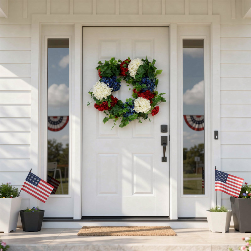 24" Red, White and Blue Wreath with Hydrangeas and Ivy