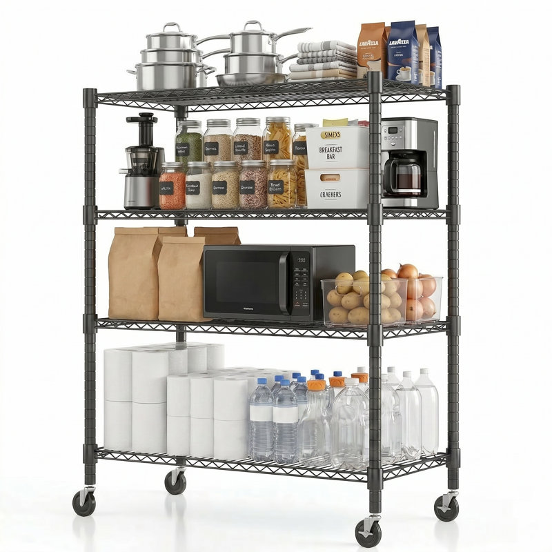 Yelena 90cm W Metal Shelving Unit with Wheels, 183cm H x 90cm W x 45cm D, Black
