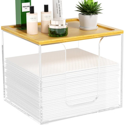 Porte-serviette jetable pour club Clean Skin, boîte en acrylique, contenant pour serviettes de table transparentes 50 XL, rangement pour serviettes pour le visage avec couvercle en bambou
