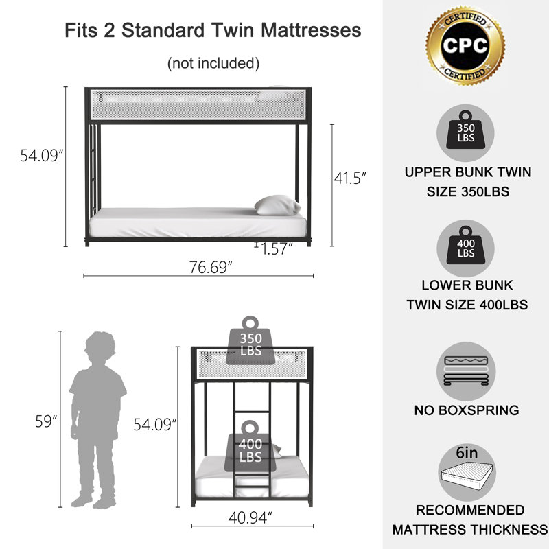 Metal Twin Over Twin Bunk Bed in Black with White Mesh Guardrails, Easy Climb Ladder and Low Profile Style
