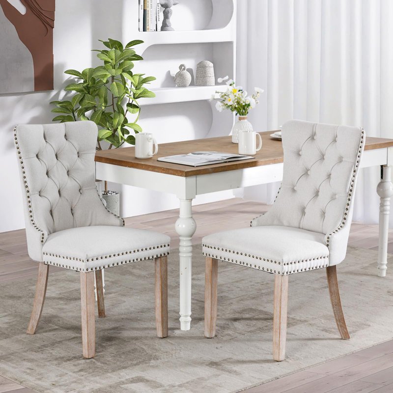 Chaises capitonnées Allena , Mélange de lin blanc, 2, Natural Wood