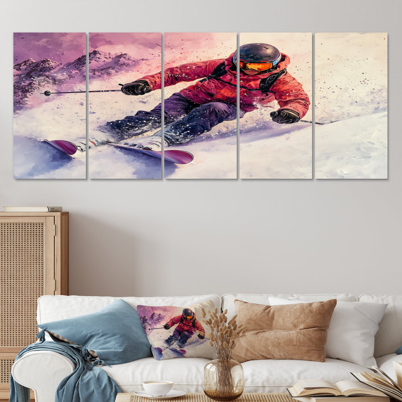 «Orange Ski Slopestyle Men Accents With Pink», ensemble d'art sur toile de ski, H 28 po x l 60 po
