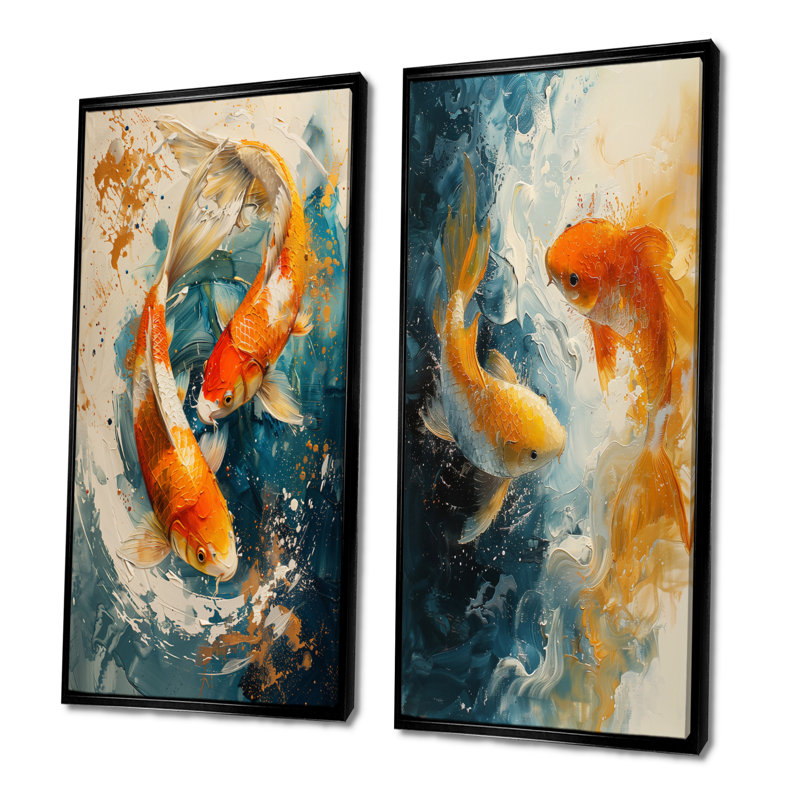 Orange, vert, passionné, poissons, koi, poisson, art mural 2 pièces, H 28 po x l 24 po, Impression encadrée