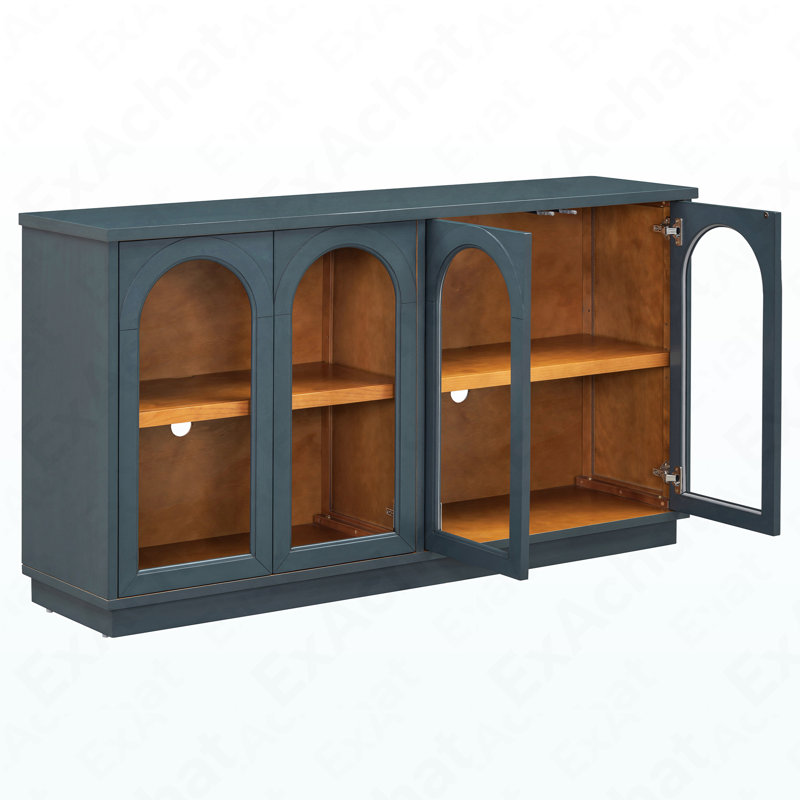 Grande armoire de rangement arquée avec rangement, 4 portes avec panneaux de verre et tablettes réglables, polyvalente pour la cuisine, le salon et la salle à manger