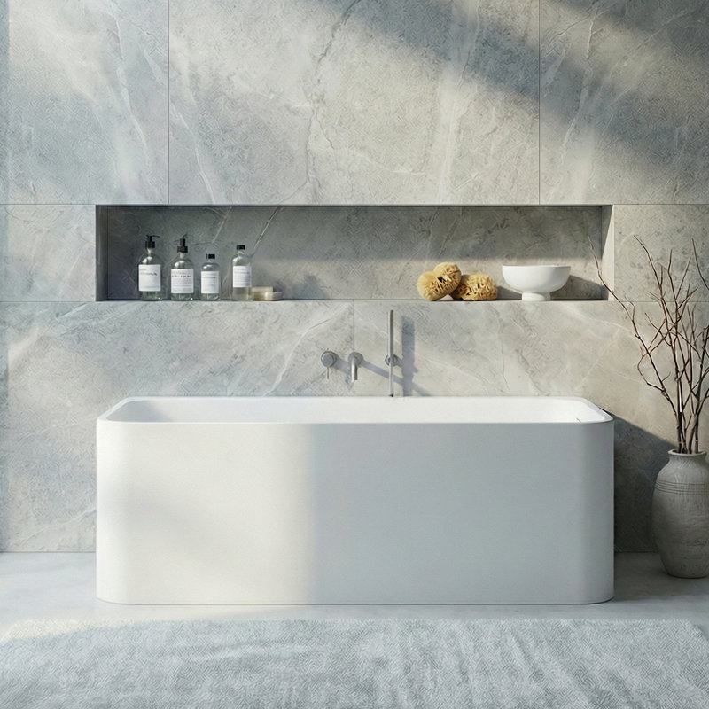 Rectangular Back To Wall Freestanding Soaking Solid Surface Bathtub, Matte White Stone Resin Bath Tub With Overflow & Pop-up Drain For Bathroom