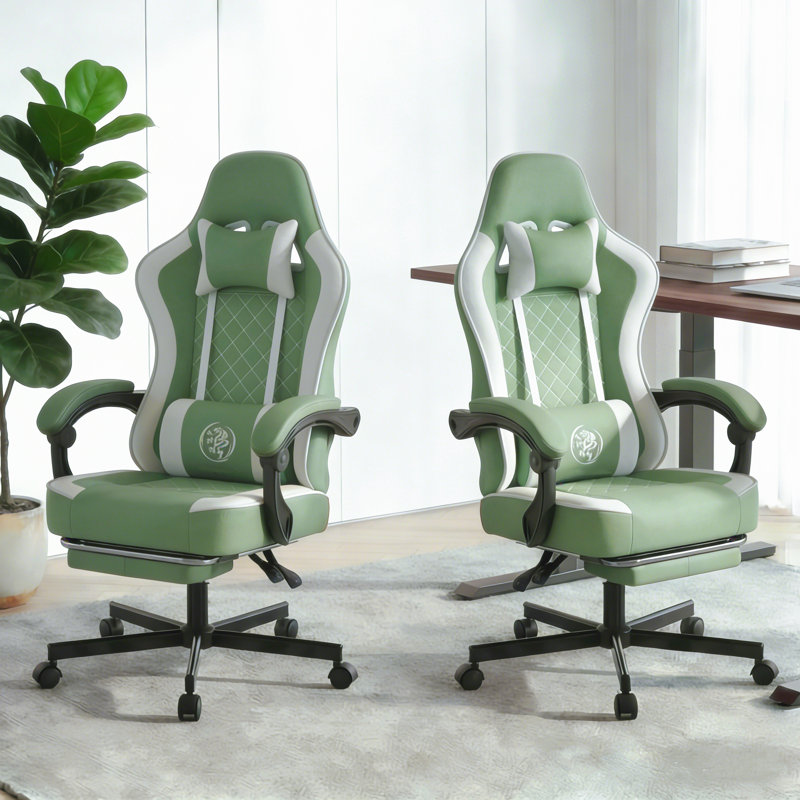 Adjustable Reclining Ergonomic Faux Leather Swiveling PC & Racing Game Chair(Set Of 2), White/Green
