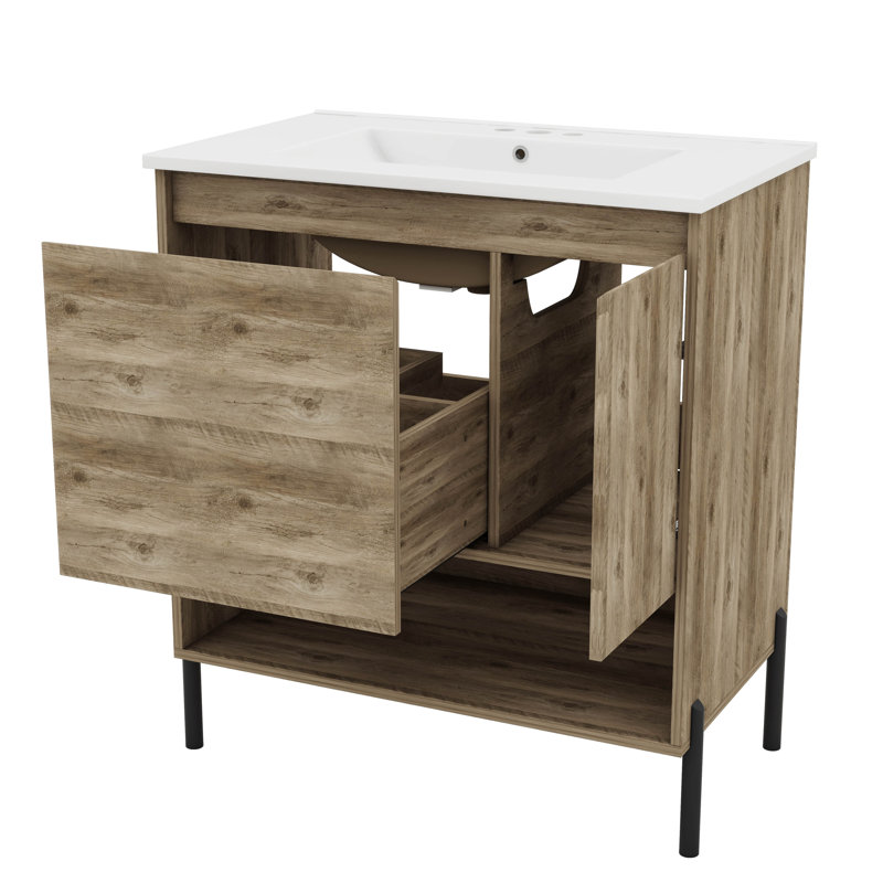 Meuble-lavabo moderne en bois 30 po, meuble-lavabo avec tiroir coulissant, meuble-lavabo avec comptoir de lavabo en céramique, meuble-lavabo