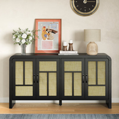 Buffet en rotin avec rangement, grande armoire de rangement Boho de 59 po avec 4 portes et tablettes réglables, console en bois noir pour la cuisine, le vestibule, la salle à manger, le salon, noir