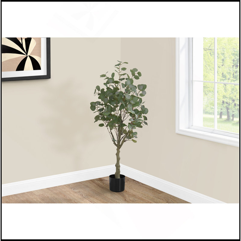 Plante artificielle, arbre d'eucalyptus de 46 po de hauteur, intérieur, faux, faux, plancher, verdure, pot, décoratif, feuilles vertes, pot noir
