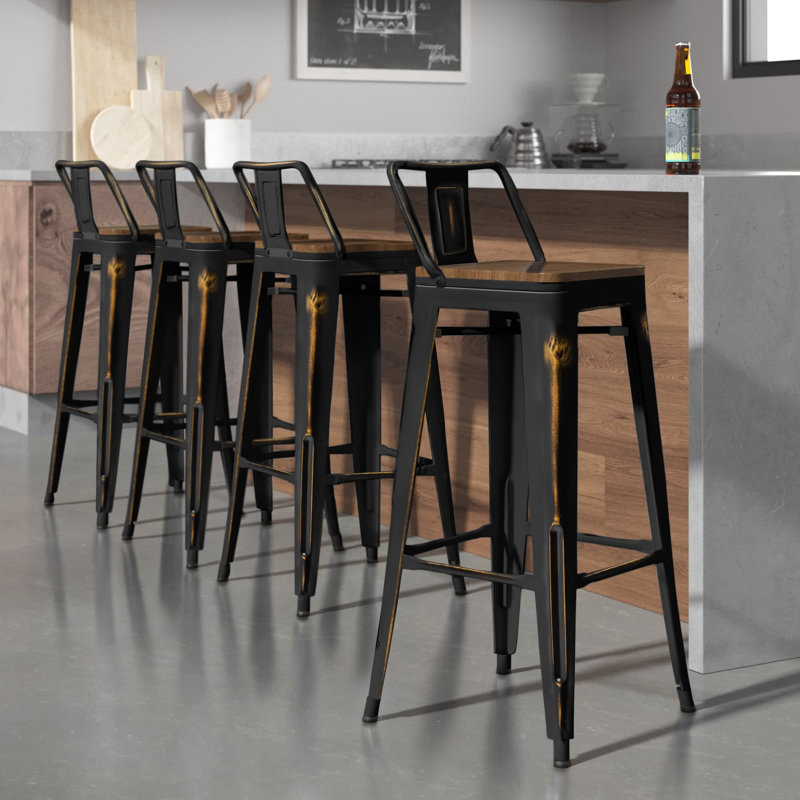 Tabouret de bar et de comptoir Maresca avec siège et dossier en bois, Or/noir, Brun