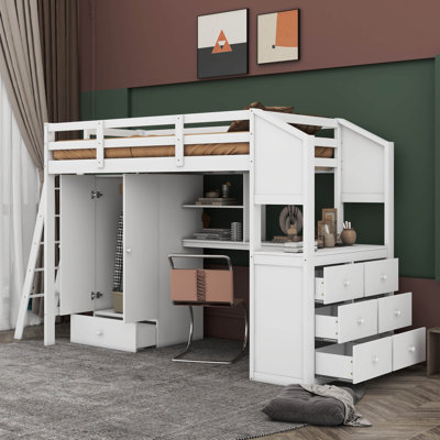 Lit mezzanine simple avec garde-robe et tiroirs Harichand
