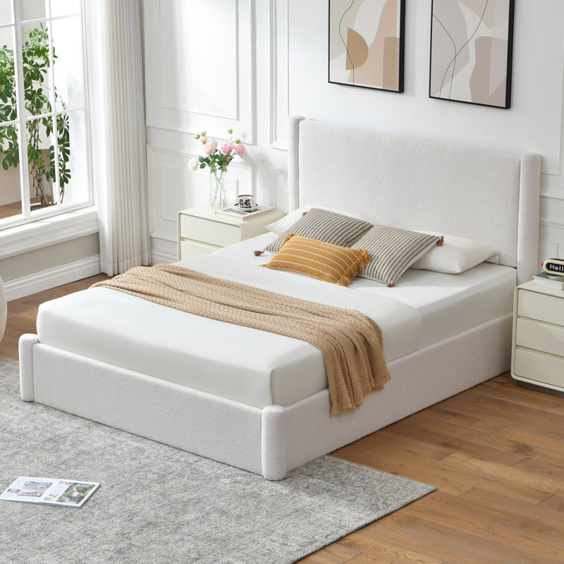 Lit plateforme tapissier avec rangement Braya Luxury Boucle, Bouclé blanc, Très grand lit