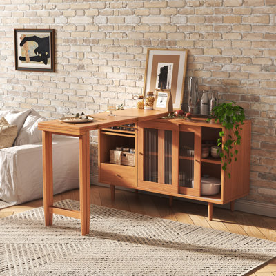 Extendable Sideboard With Drop-leaf Dining Table, Mid-century Modern Storage Cabinet