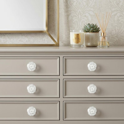 Set of Six White Ceramic Flower Shape Drawer Pull Knobs