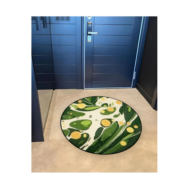 Green Abstract Marbling Patterned Round Woven Base Modern Decorative Carpet, Round 4'