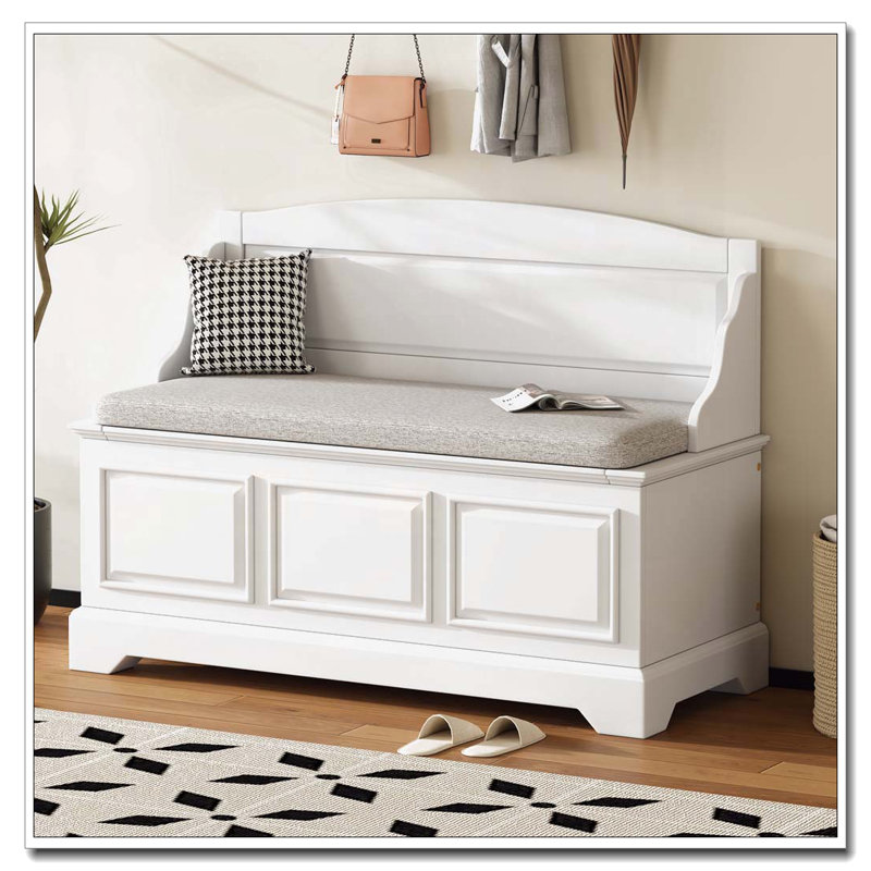 Wood Bench with Hidden Storage and Cushion for Entryway, Hallway, Living Room, White
