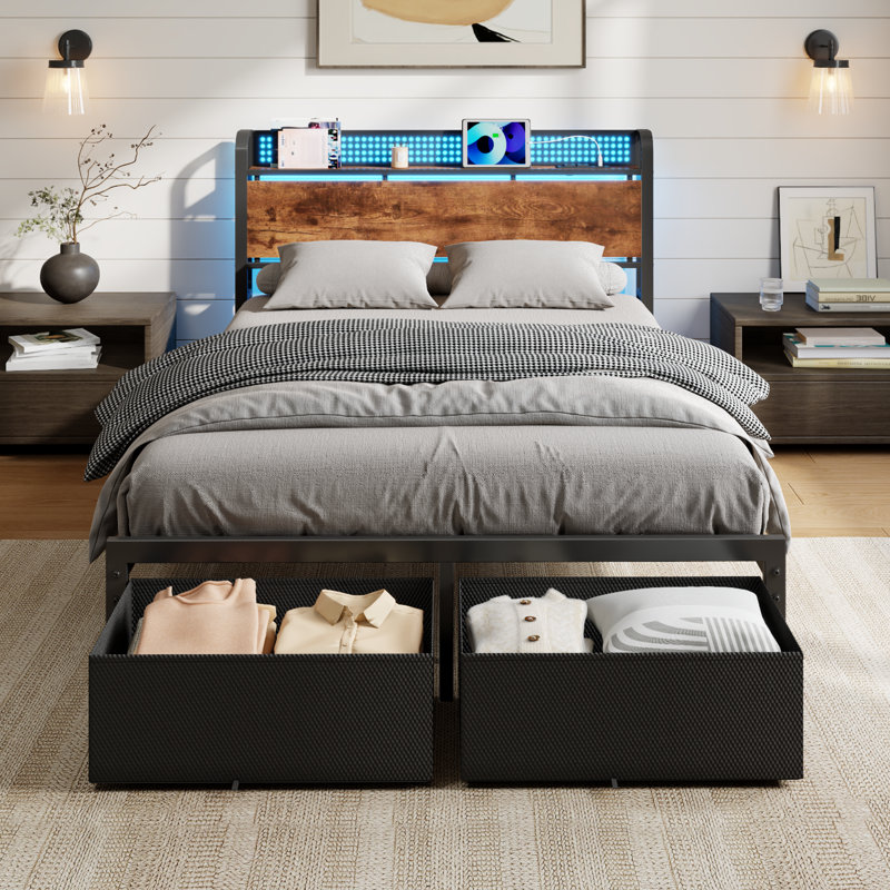Full Bed Frame with 2 Fabric Drawers and Open Storage Headboard, Adjustable LED Light and Charging Station, No Box Spring Needed