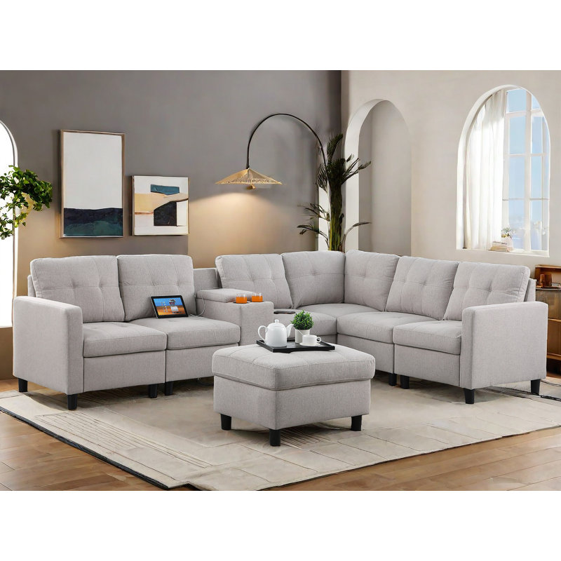 Canapé modulaire en L Kentrell avec ports USB et porte-gobelets, Mélange de polyester gris clair