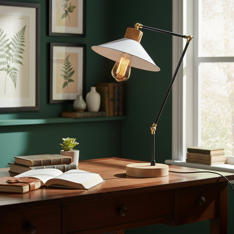 Lampe de travail à bras conique en métal 21 po Aurelius, Blanc