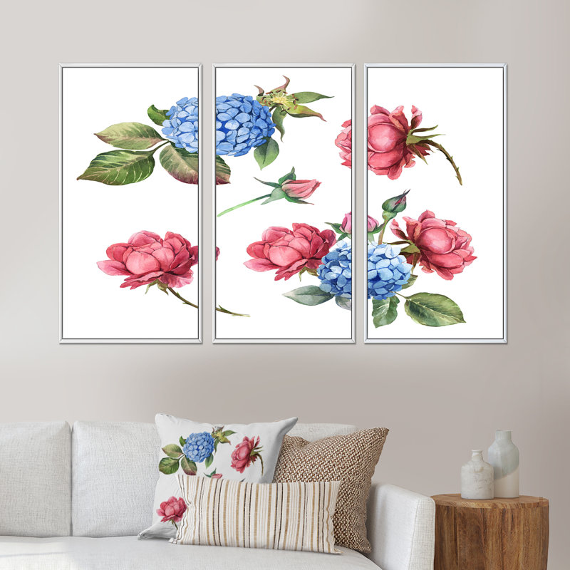 Rose rose et hortensia bleu avec feuilles - 3 pièces, reproduction sur toile, H 20 po x l 36 po x P 1 po, Cadre blanc