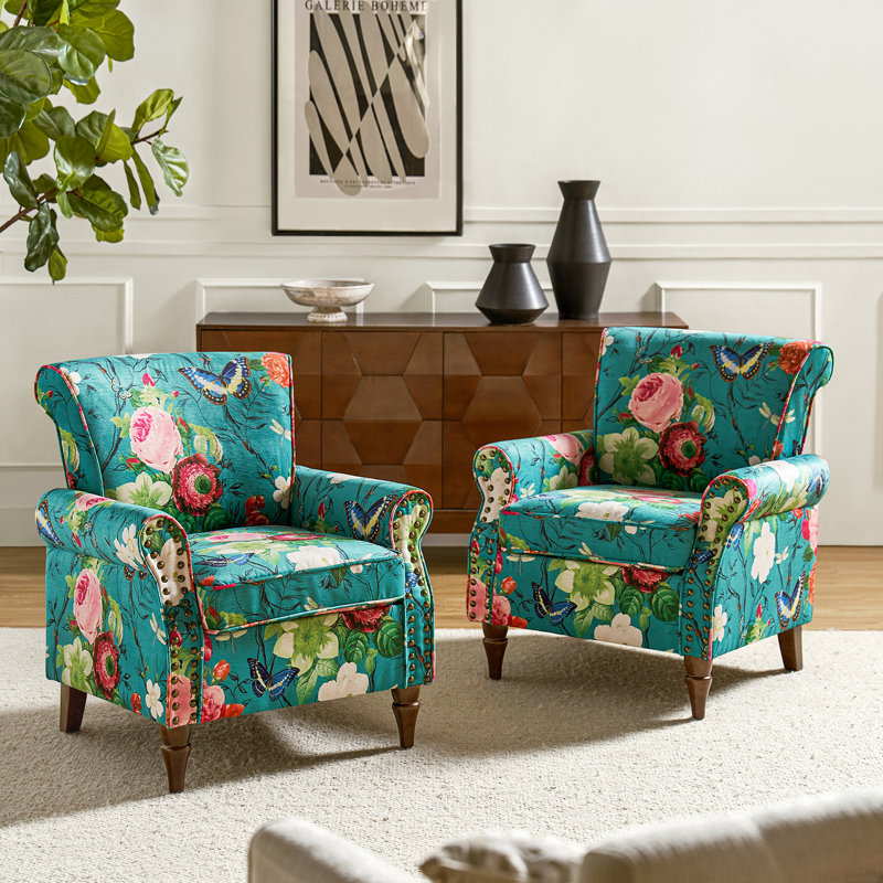 Asul 30'' W Traditional Upholstered Armchair with Nailhead Trim, Blue Polyester Blend
