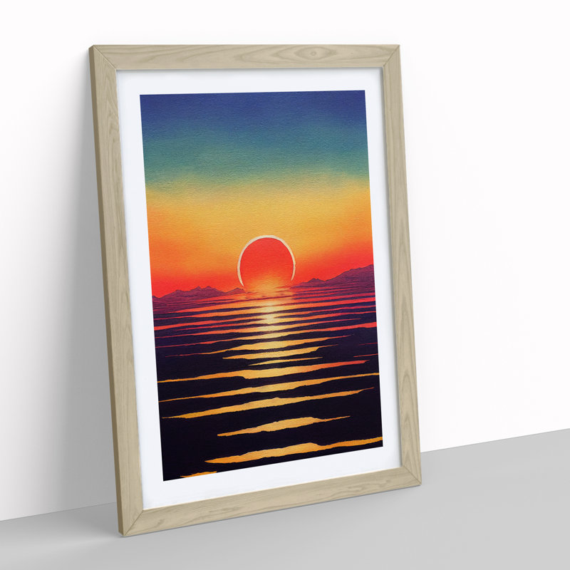 Serene Ocean Sunset - Single Picture Frame Print, 34cm H x 25cm W x 2cm D, Oak