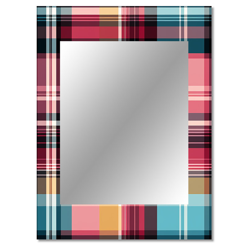 Bohemian Pink And Blue Plaid Pattern - Plaid  Mirror, Plaid Decorative Wall Mirror, Printed Metal Art, 40" x 30"