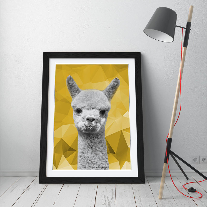 Alpaca Black And White Yellow by Mustard Geo - Single Picture Frame Print on Canvas, 89cm H x 64cm W x 2cm D, Black Frame