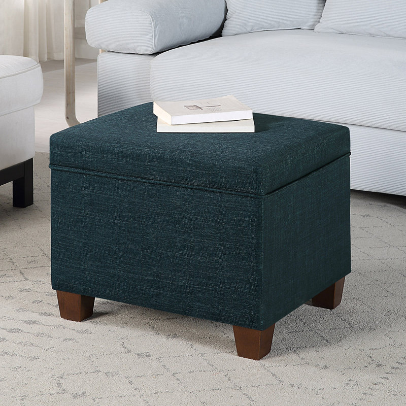 Repose-pieds rembourré rectangulaire avec rangement de 21,50 po Akifa, Lin bleu foncé
