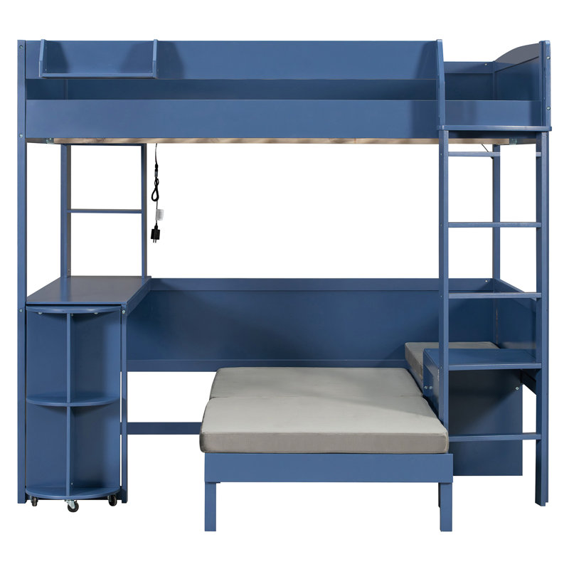 Lit mezzanine double en bois avec bureau, tablette de rangement de chevet, canapé et lumière, bleu marine