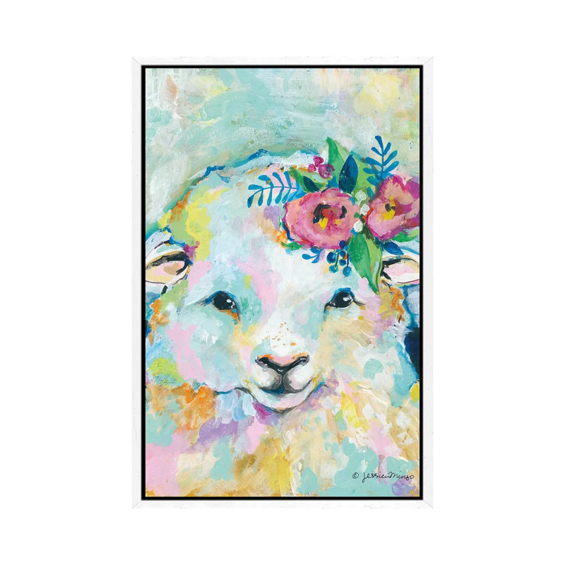 Happy Sheep by Jessica Mingo - Painting on Canvas, 101.6cm H x 66.04cm W x 3.81cm D, White Floater Framed