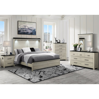 Lit double brun avec tête de lit à panneau, conception à profil bas, structure, chambre à coucher de 5 pièces avec lit, commode, commode, table de chevet et miroir, style, bois d'hévéa massif et couleur de remplissage, profil