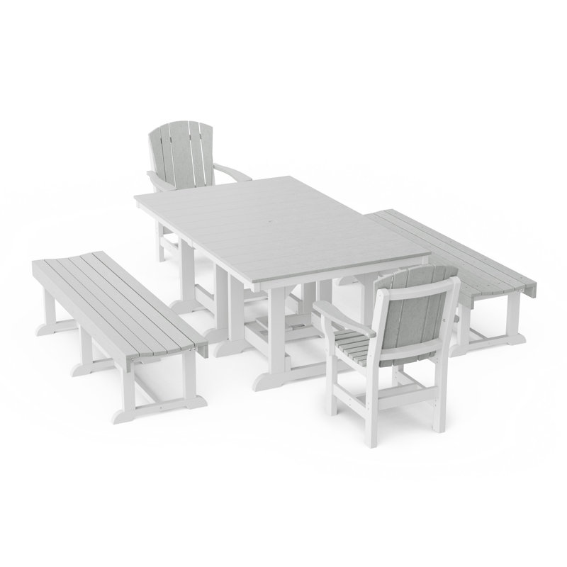 Heritage 5-Piece Rectangular Dining Set With Benches, Light Gray/White