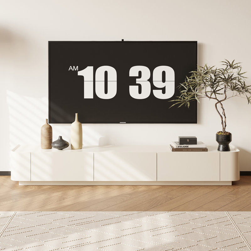 Minimalist Floor TV Stand, No Assembly Required, Long Media Console with Hidden Storage Drawers, 70.86”L, White