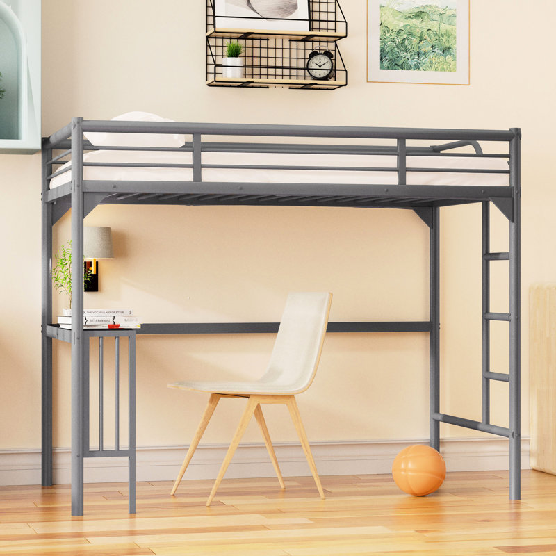 Lit mezzanine simple en métal avec bureau - Solution, argent et garde-corps pratique