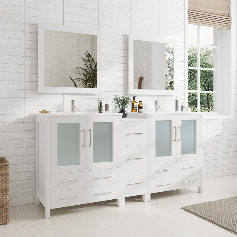  72" Double Bathroom Vanity Set with Mirror, White