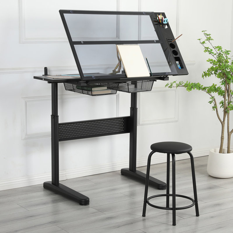 Hand Crank Adjustable Drafting Table Drawing Desk With 2 Metal Drawers WITH STOOL, Black