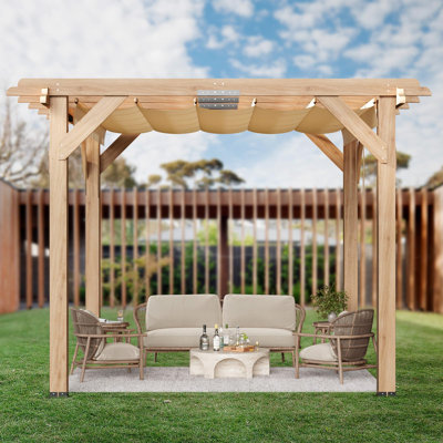 10x10 ft Cedar Wood Pergola with Retractable Canopy, Weather-Resistant Outdoor Patio Gazebo, Wooden Shade Structure for Deck, Garden, Backyard