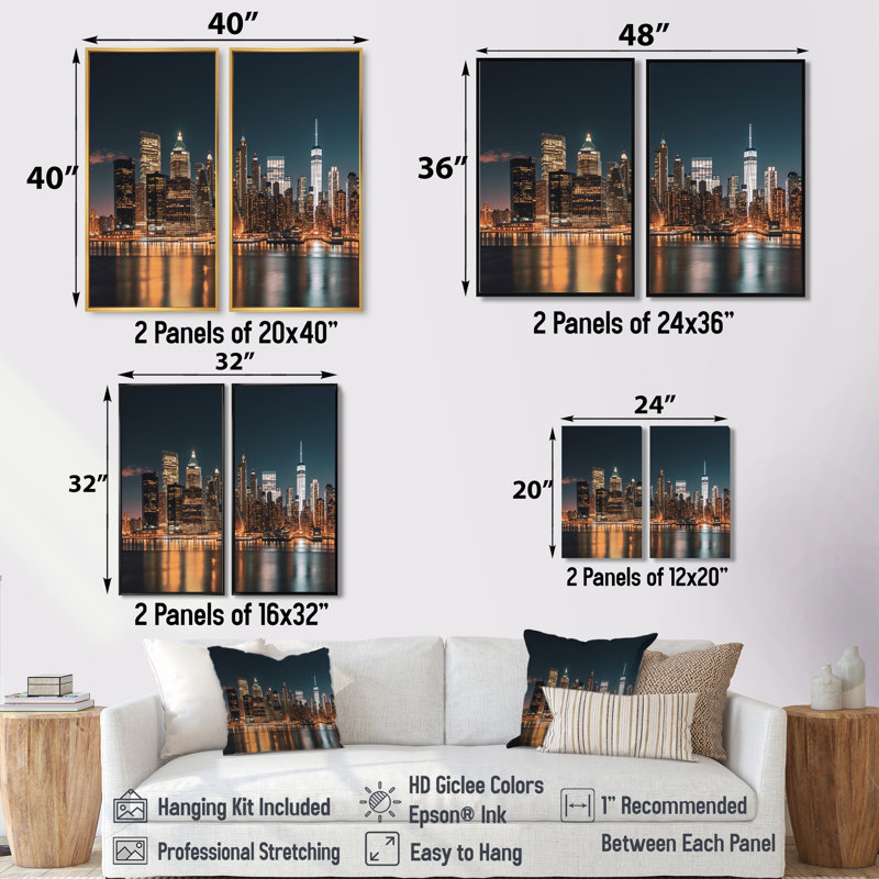 «Reflection of New York City At Night - Cityscapes New York», art mural sur toile 2 panneaux, 36" H x 48" W, Silver