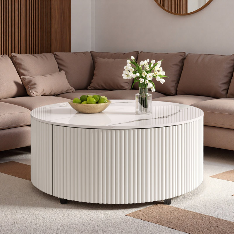 Modern Round Movable Coffee Table With Casters, 2 Drawers And Marble Pattern Sintered Stone Top, White