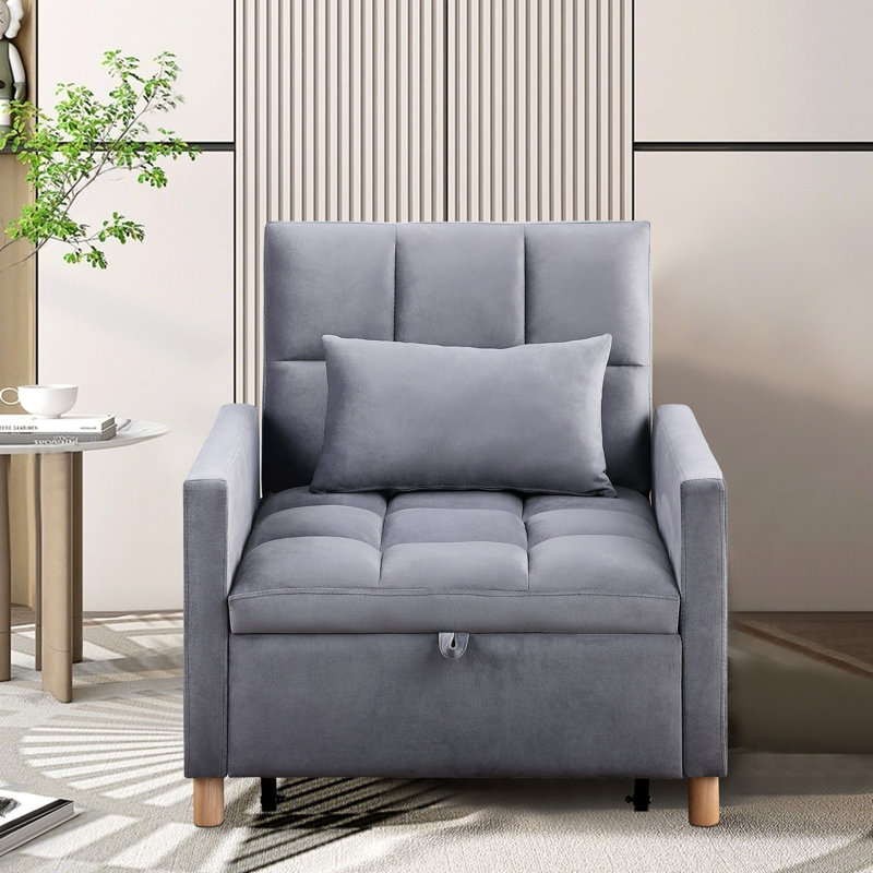 Convertible Sleeper Sofa Chair Pull Out Couch Small Couch Small Sofa With a Pillow, Gray Velvet