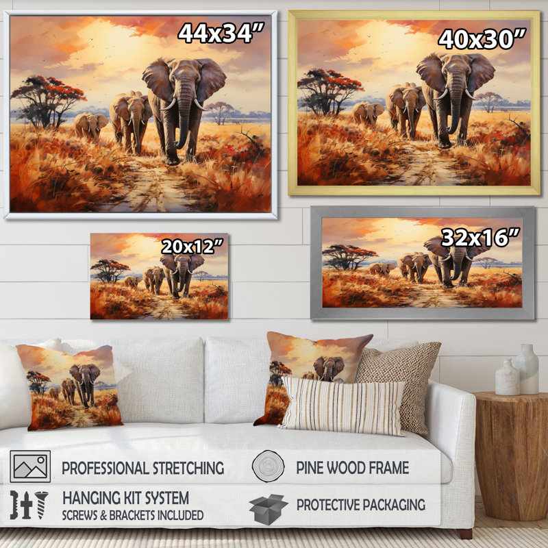 Éléphant d'Afrique, prairies d'Afrique I, reproduction sur toile, H 30 po x l 40 po x P 1,5 po, Toile tendue