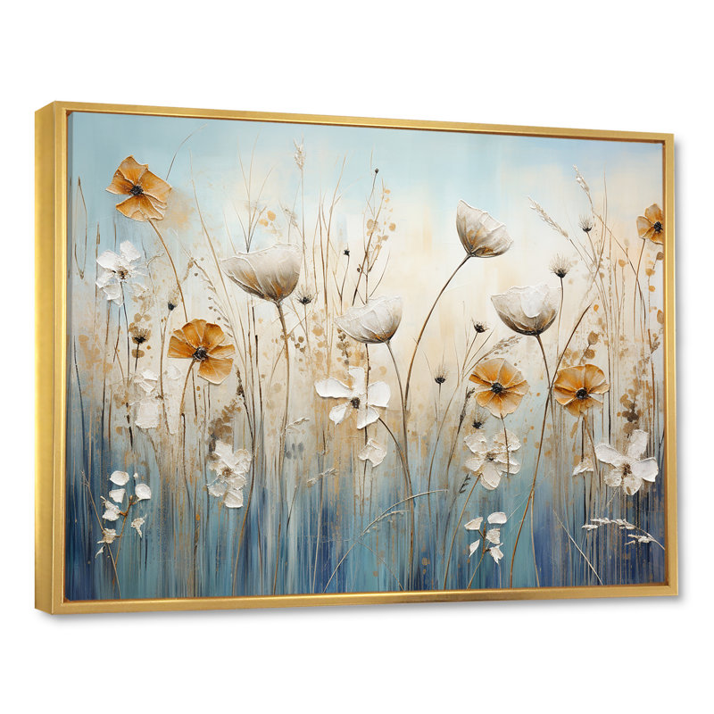 Fleurs sauvages beiges élégance florale II sur toile, Cadre flottant doré, H 30 po x l 40 po x P 1,5 po