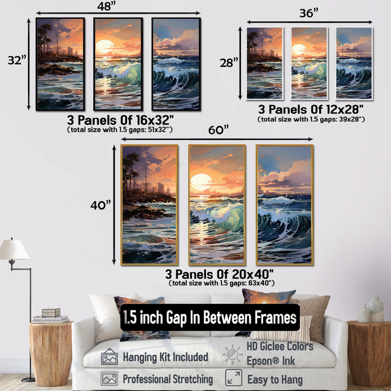«Beach Sunrise Tranquil Horizons III - Ocean», ensemble de reproductions d'art mural, Cadre naturel flottant