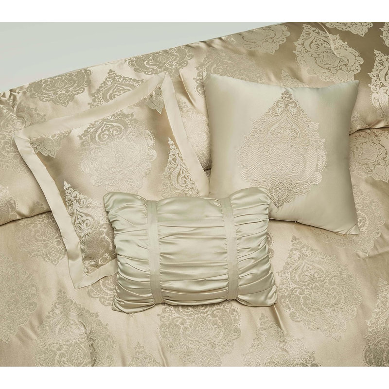 Trinity 7-Piece Luxury Silky Medallion Jacquard Comforter Set, Gold, King Comforter + 2 King Shams