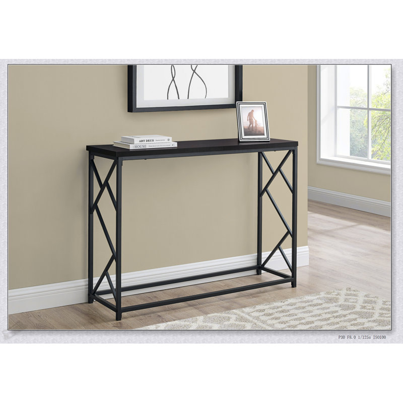 Console moderne moderne avec plateau en stratifié gris et base en métal, parfaite pour les entrées et les côtés des canapés.