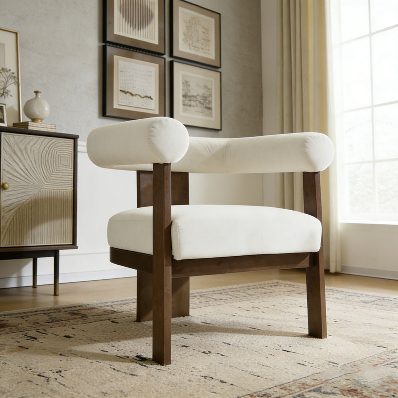 Chaise d'appoint moderne rembourrée avec accoudoirs ronds, Beige