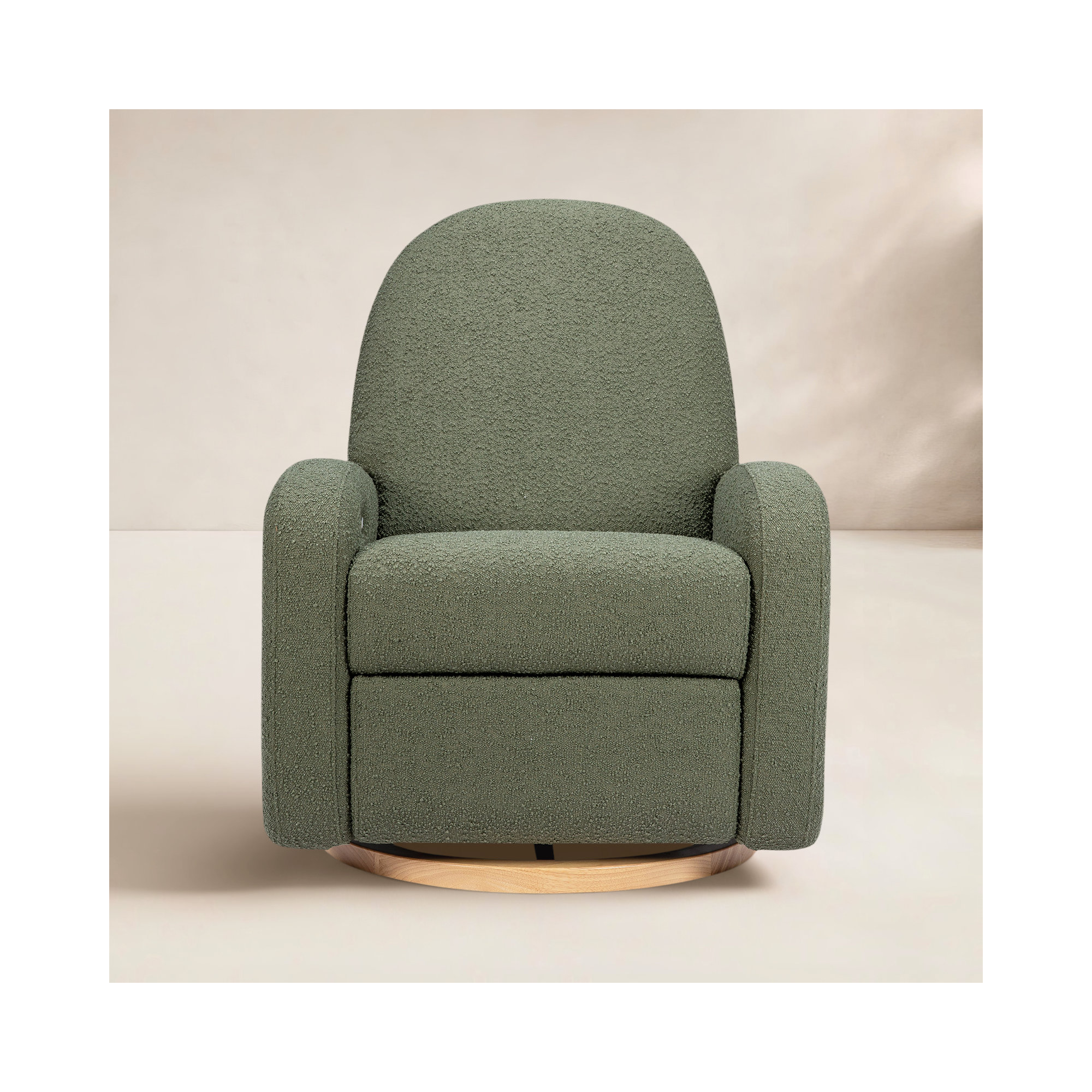 Nami Electronic Recliner and Swivel Glider Recliner in Shearling with USB port, Olive Boucle