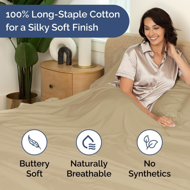 400 Thread Count Cotton Flat Sheet – Cooling, Breathable & Soft Top Sheet, Beige, California King 